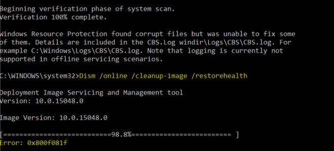 [Исправлено] DISM Ошибка 0x800f081f во время RestoreHealth в Windows 10