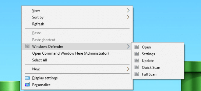 Добавить параметры Защитника Windows в качестве каскадного меню правой кнопки мыши на рабочем столе