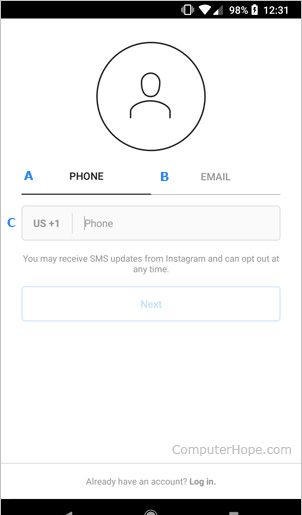 Экран, на котором пользователи регистрируются в Instagram на мобильном устройстве.