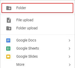 Создание новой папки в Google Drive.