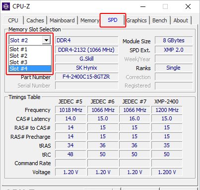 Вкладка SPD в CPU-Z.