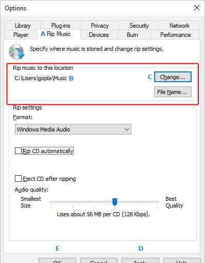 Меню, которое позволяет пользователям изменить местоположение, в которое их песни будут скопированы в Windows Media Player.