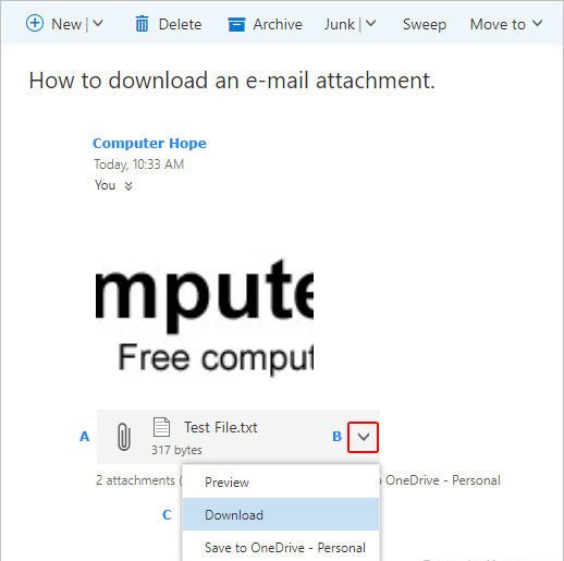 Инструкции о том, как загрузить вложение электронной почты в почту Outlook.