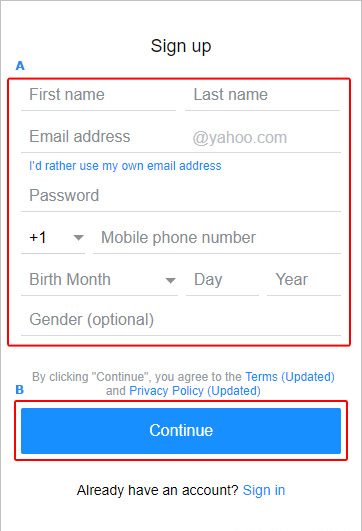 Пользователи страницы вводят свои личные данные, чтобы подписаться на Yahoo! Счет.
