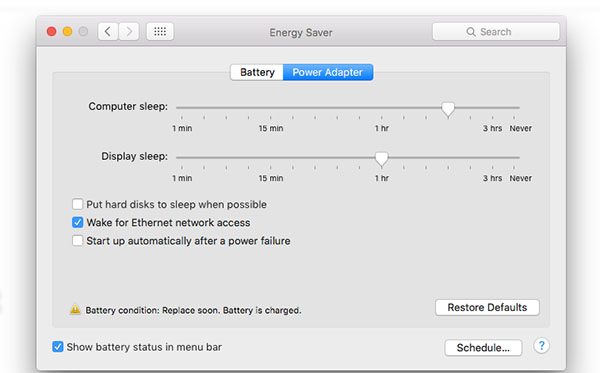 Диалоговое окно настроек энергосбережения macOS