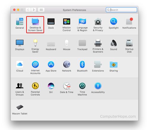 Значок, позволяющий пользователям получить доступ к настройкам рабочего стола и заставки macOS.