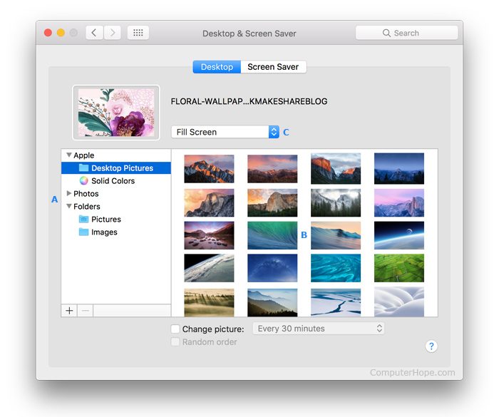 Окно, в котором пользователи выбирают свои заставки на Mac.
