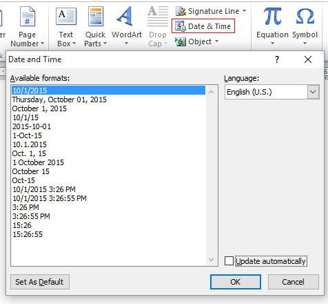 Microsoft Word дата и время