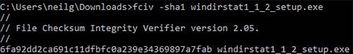 Запуск FCIV для вычисления хэша SHA1 установщика WinDirStat