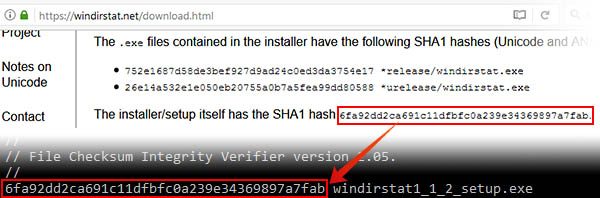 Проверка вашей суммы SHA1 по значению, указанному на странице загрузки на WinDirStat.net, чтобы убедиться, что ваш установщик подлинный