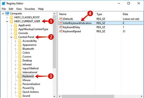 Нахождение записи InitialKeyboardIndicators в редакторе реестра Windows 10
