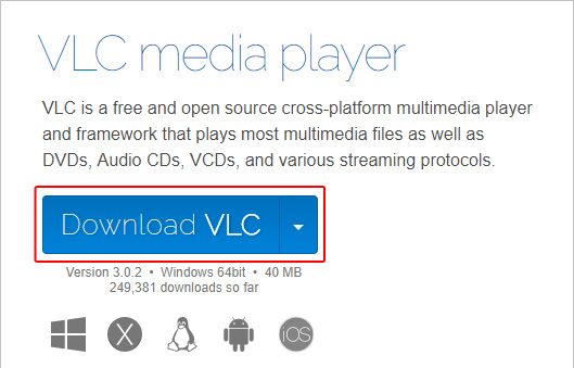 Кнопка, позволяющая пользователям загружать медиаплеер VLC.