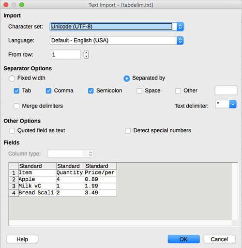 Диалог параметров импорта текста из LibreOffice Calc