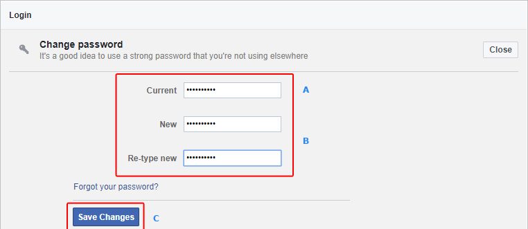 Экран, на котором пользователи могут изменить свой пароль Facebook.