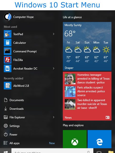 Windows 10 Пуск меню