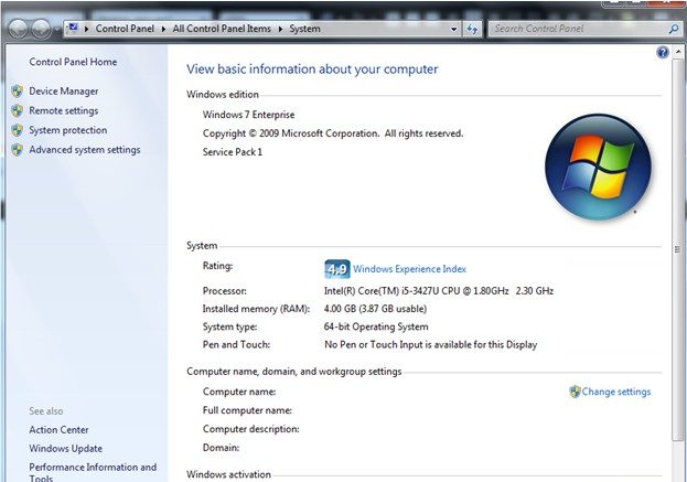 Системные свойства Windows 7