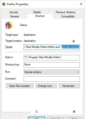 Запуск Firefox в приватном окне по умолчанию.