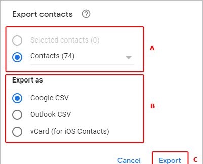 Шаги для экспорта контактов Gmail