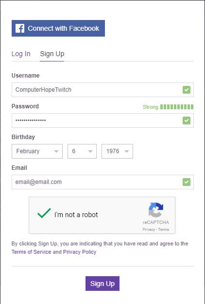 Форма, используемая для регистрации учетной записи Twitch.