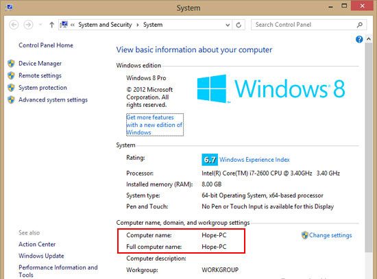 Имя компьютера в Windows 8
