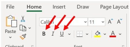 Домашняя вкладка Microsoft Excel, раздел «Шрифт» - установить жирный, курсив, подчеркивание