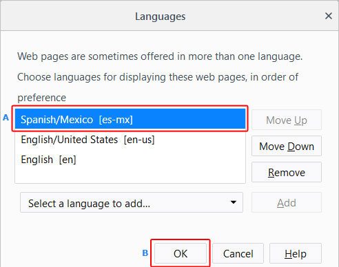 Меню, которое позволяет пользователю изменить язык в Firefox.