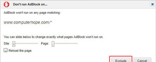 Кнопка для исключения в AdBlock.