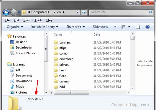 Проводник Windows 7, показывающий количество файлов