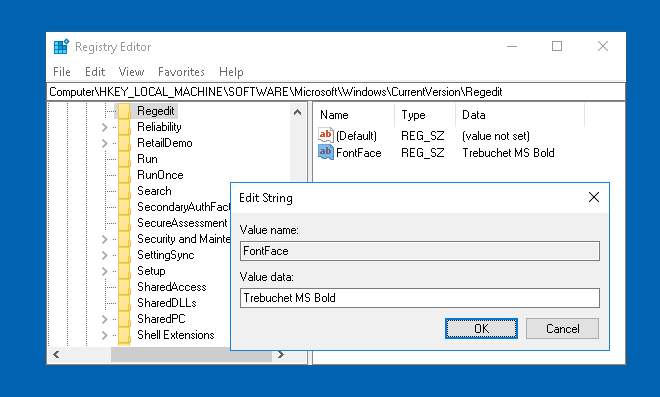 изменить шрифт редактора реестра в windows 10