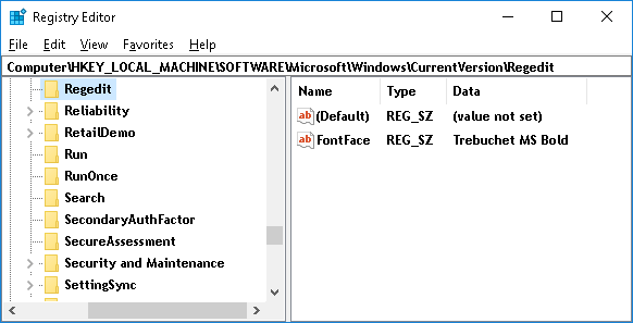 изменить шрифт редактора реестра в windows 10