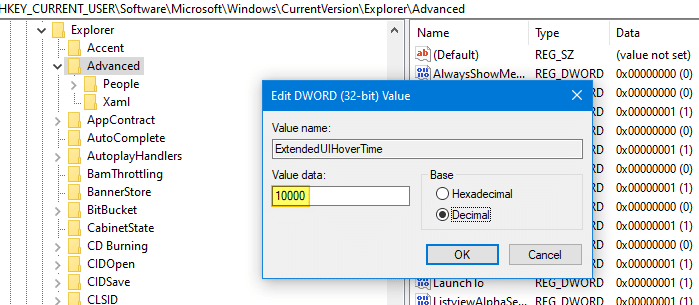 отключить предварительный просмотр миниатюр на панели задач в windows - extendeduihovertime