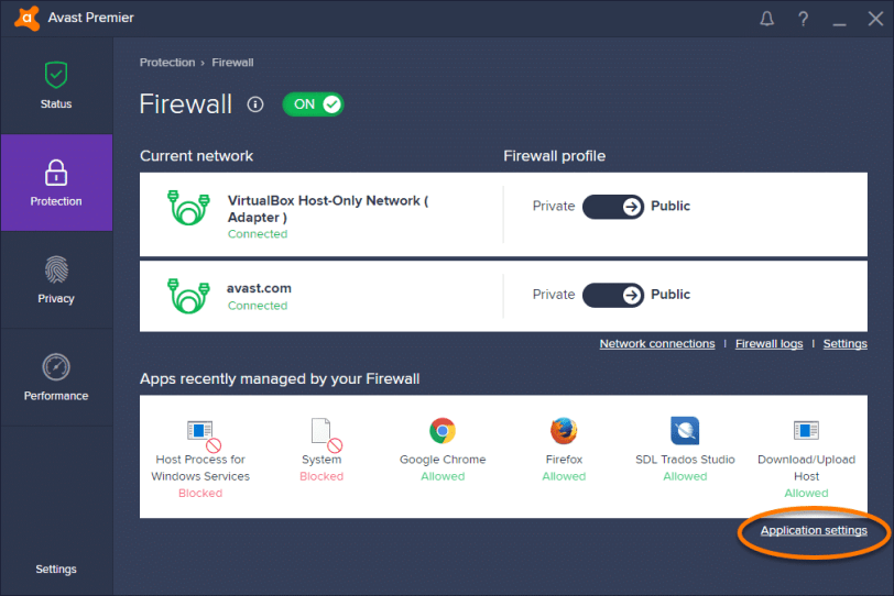Настройки приложения Avast Firewall