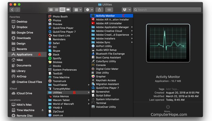 Меню, из которого вы можете выбрать Монитор активности в macOS.