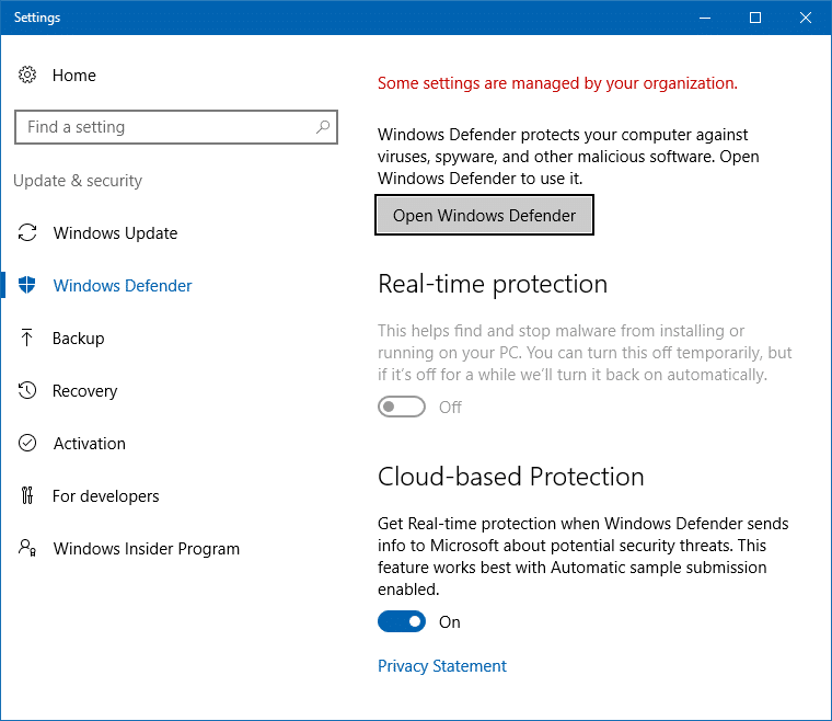 Защитник Windows некоторыми настройками управляет ваша организация