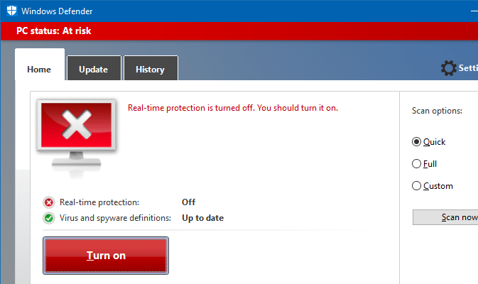 Защитник Windows отключен