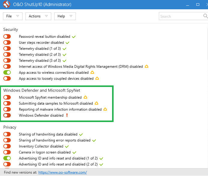 Настройки Защитника O & O ShutUp10