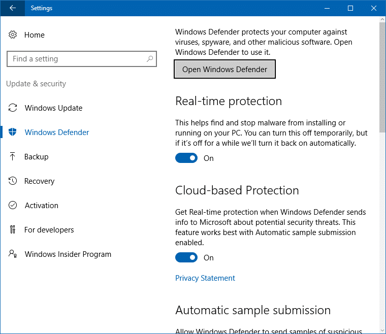 Защитник Windows отключен