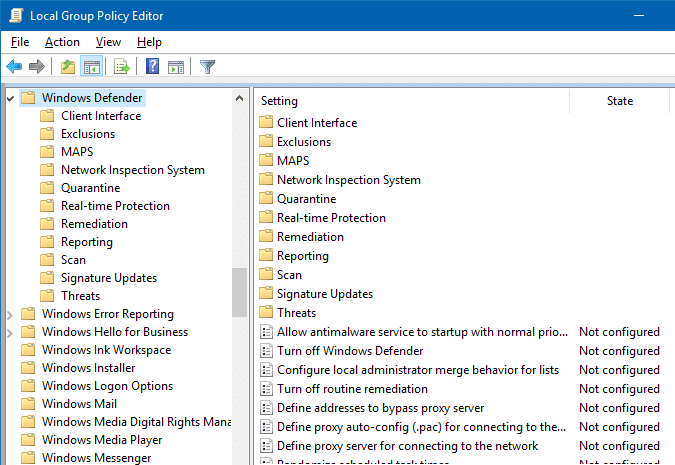 параметры политики защитника Windows