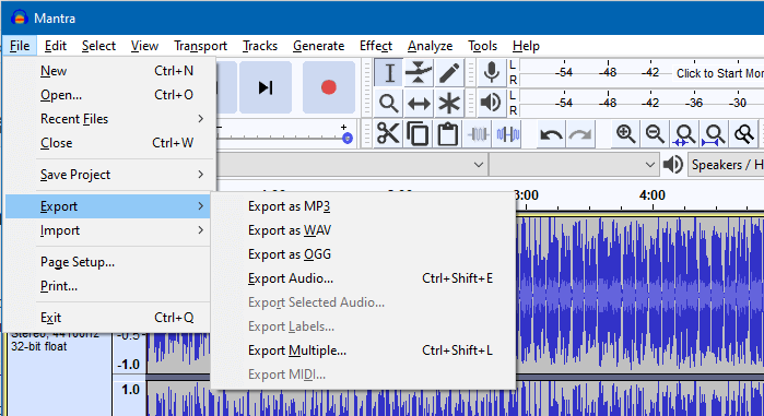 конвертировать mp4 в mp3 оффлайн - извлекать аудио из видео - Audacity