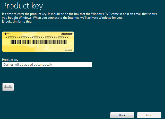Введите ключ продукта для Windows 8