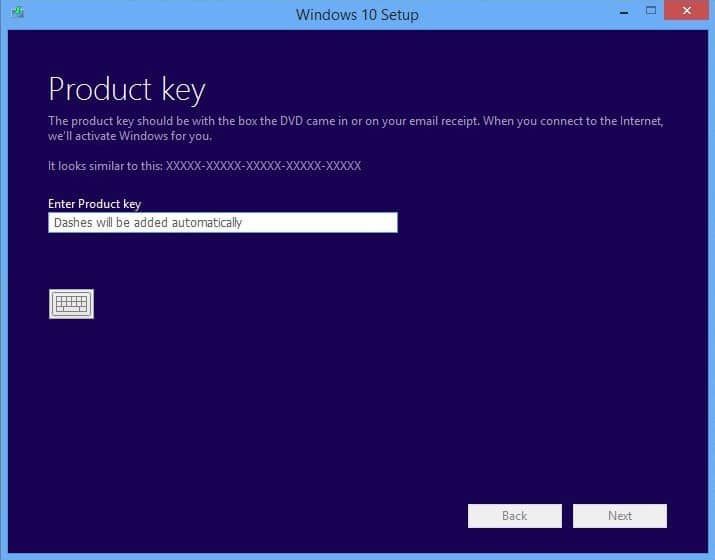 Ключи продукта установки Windows 10 не могут обойти