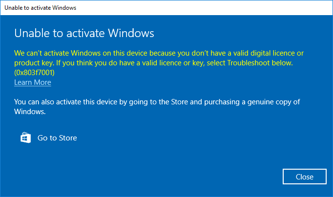 Ошибка активации Windows 10 0x803f7001