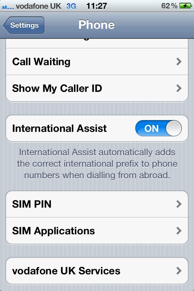 Отключить международную помощь на iPhone 4s