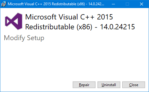 Visual C ++ распространяемый ремонт во время выполнения