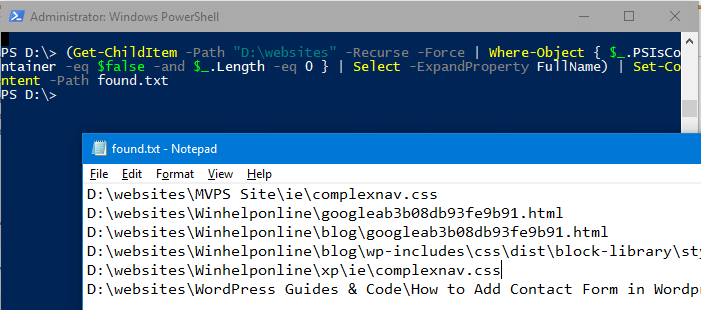 найти и удалить 0-байтовые файлы в windows - powershell