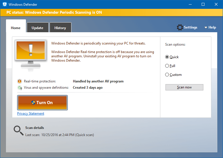 Windows Defender ограничил периодическое сканирование
