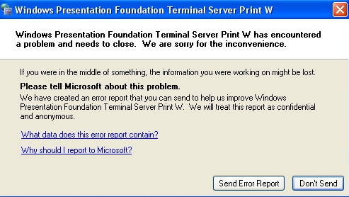Сервер терминалов Windows Presentation Foundation print W столкнулся с проблемой и должен быть закрыт. Приносим свои извинения за неудобства