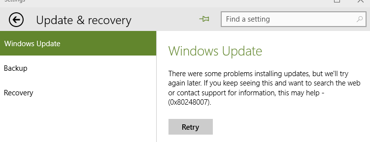 Ошибка обновления Windows 80248007