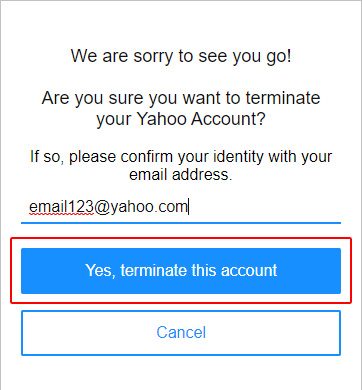 Страница, на которой пользователи могут удалить свои Yahoo! почтовый аккаунт.