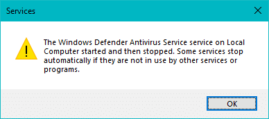 служба защитника Windows запущена, а затем остановлена